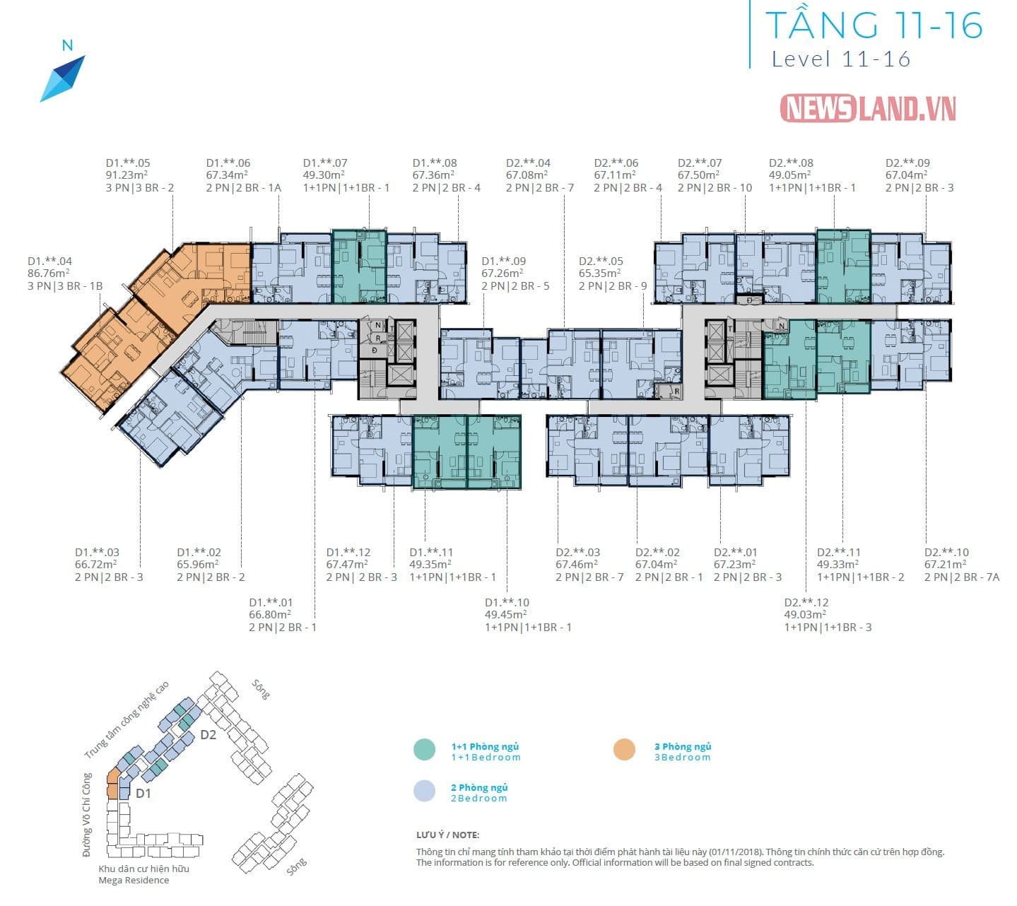 Mặt bằng tầng 11-16 block D Safira